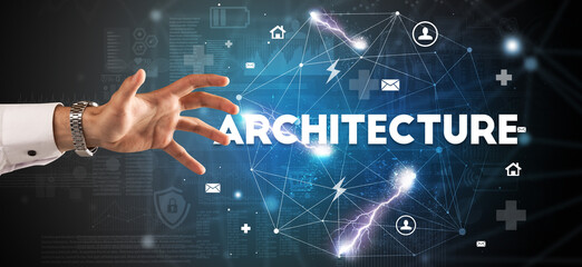 Hand pointing at ARCHITECTURE inscription, modern technology concept