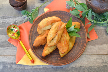 Traditional russian pies, good food for holiday, russian or belarusian patties, top view