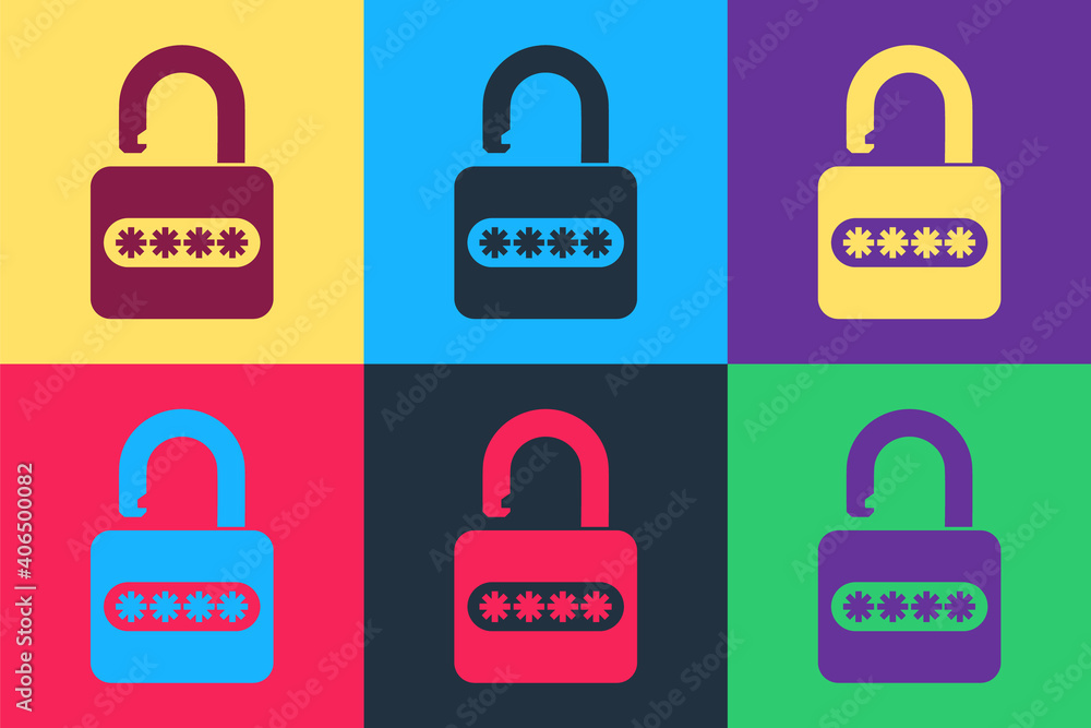 Poster pop art password protection and safety access icon isolated on color background. lock icon. security