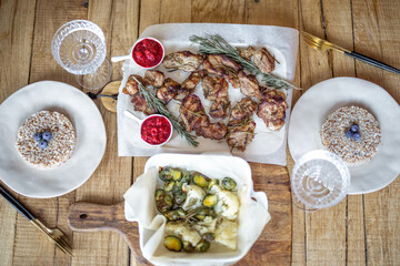 Serving lunch on a wooden table