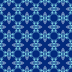 Seamless vector floral pattern,  ornate Arabian style vintage ornaments in blue and white colors, simple and elegant  background for custom print and design.