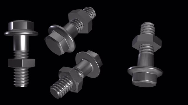 4ps positions. Bolt and nut. The animation of the tightening nut and bolt metal Grey. Video without background. Isolated object with an alpha channel. 4444 4k 3D Realistic.