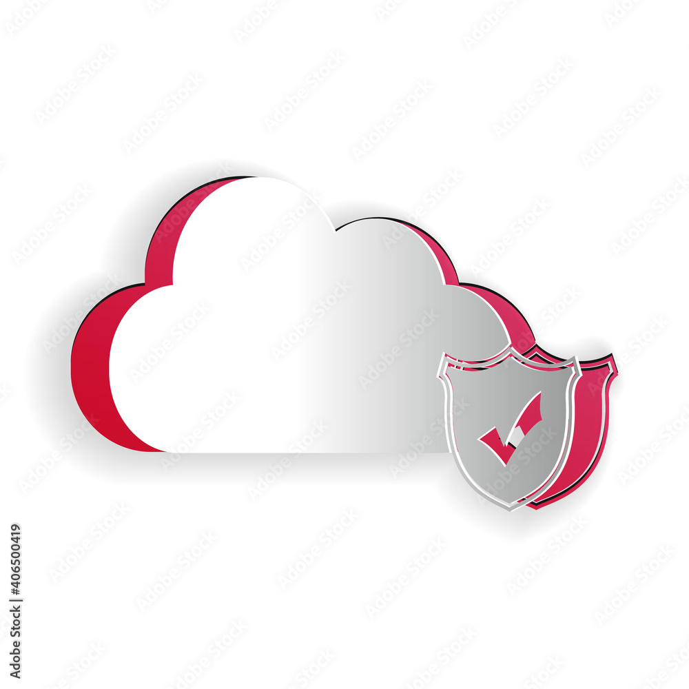 Poster paper cut cloud and shield with check mark icon isolated on white background. cloud storage data pro