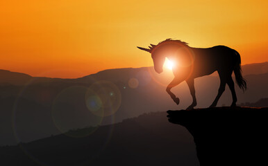 Unicorn watches the valley at sunset from the rock above the mountain