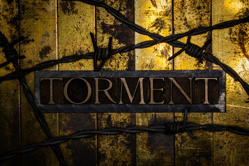Torment text message lined with barbed wire on textured grunge copper and vintage gold background
