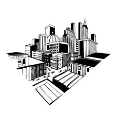 Obraz premium Vector illustration with city. Hand drawn icon and symbol for print on t-shirt, poster, sticker, card design. Doodle design element. 