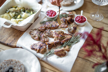 Cooked meat with rosemary and raspberry sauce
