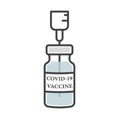 Covid-19 vaccine ampoule icon. Simple colored cans image with a vaccine against the virus, and the syringe inside it. Isolated vector on white background.