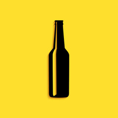 Black Beer bottle icon isolated on yellow background. Long shadow style. Vector.