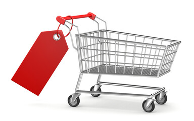 3d illustration empty shopping trolley with signboard