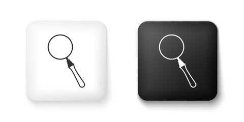 Black and white Magnifying glass icon isolated on white background. Search, focus, zoom, business symbol. Square button. Vector.