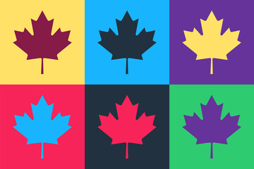 Pop art Canadian maple leaf icon isolated on color background. Canada symbol maple leaf. Vector.