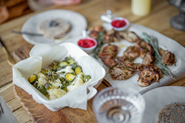 Serving lunch on a wooden table