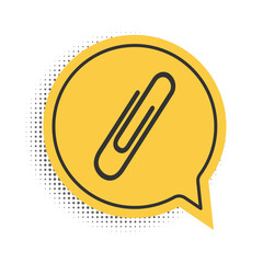 Black Paper clip icon isolated on white background. Yellow speech bubble symbol. Vector.