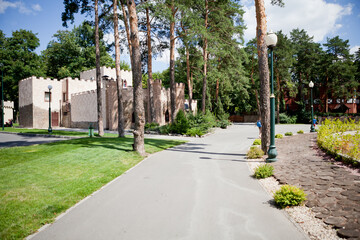 Alleys and paths of the park with tall green trees on a sunny day along which people walk