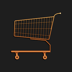 Gold Shopping cart icon isolated on black background. Online buying concept. Delivery service sign. Supermarket basket symbol. Long shadow style. Vector.