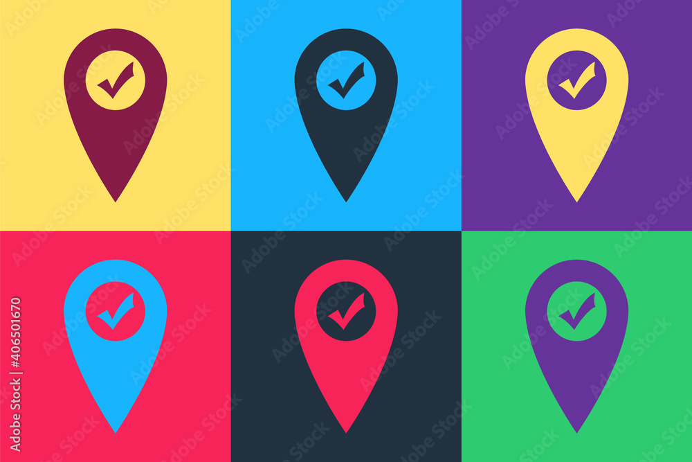 Fototapete pop art map pointer with check mark icon isolated on color background. marker location sign. tick sy