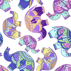 Seamless vector colorful pattern of lined elephants with ornamental decoration.