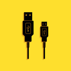 Black USB Micro cables icon isolated on yellow background. Connectors and sockets for PC and mobile devices. Smartphone recharge supply. Long shadow style. Vector.
