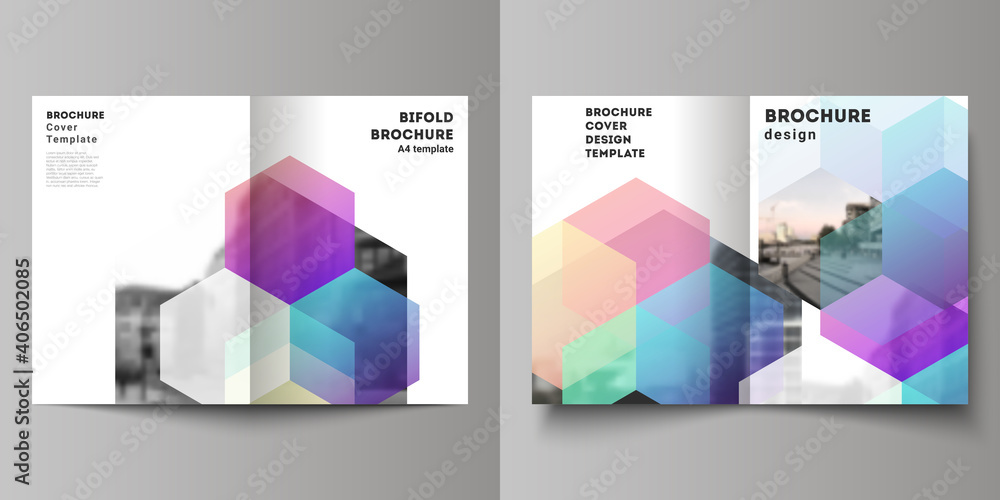 Poster vector layout of two a4 format cover mockups design templates with colorful hexagons, geometric shap