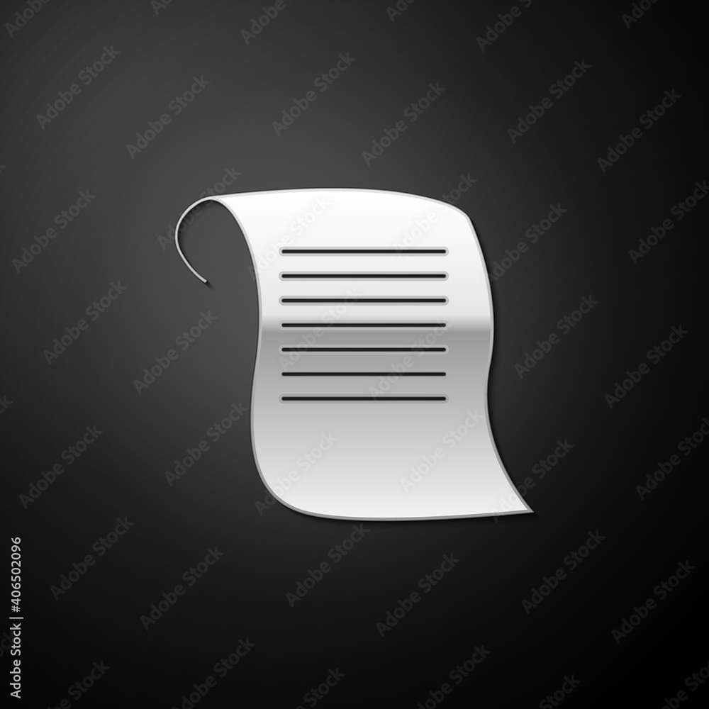 Poster silver paper scroll icon isolated on black background. canvas scroll sign. long shadow style. vector