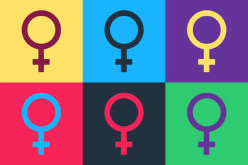 Pop art Female gender symbol icon isolated on color background. Venus symbol. The symbol for a female organism or woman. Vector. © mingirov
