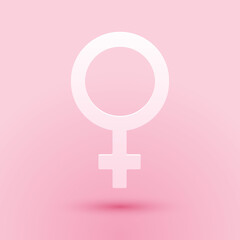 Obraz premium Paper cut Female gender symbol icon isolated on pink background. Venus symbol. The symbol for a female organism or woman. Paper art style. Vector.