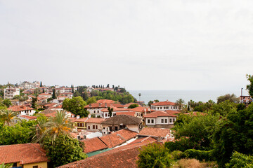 Fototapeta na wymiar Sea view through the red roofs of the city