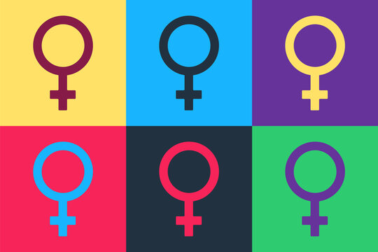 Pop art Female gender symbol icon isolated on color background. Venus symbol. The symbol for a female organism or woman. Vector.