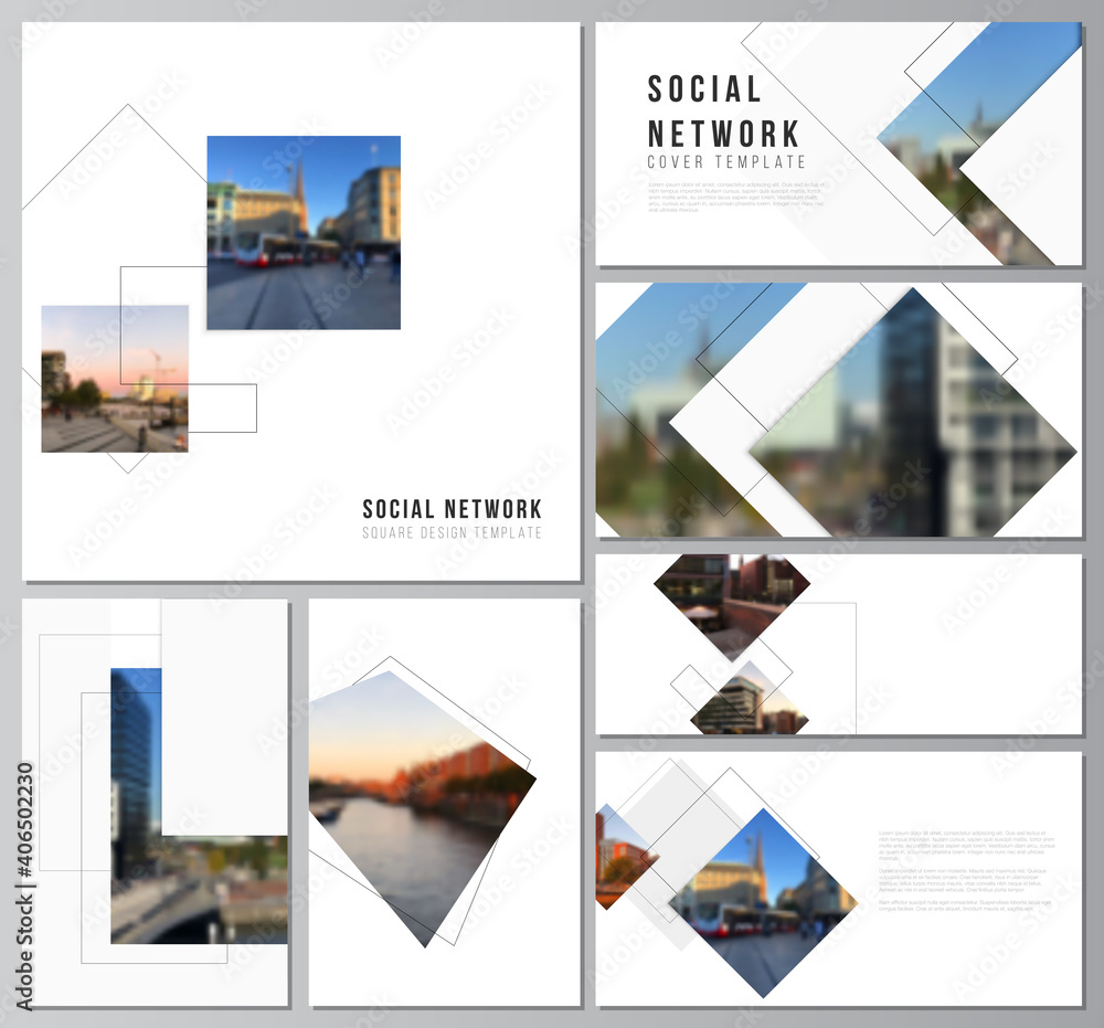 Aufkleber vector layouts of modern social network mockups in popular formats with geometric simple shapes, lin