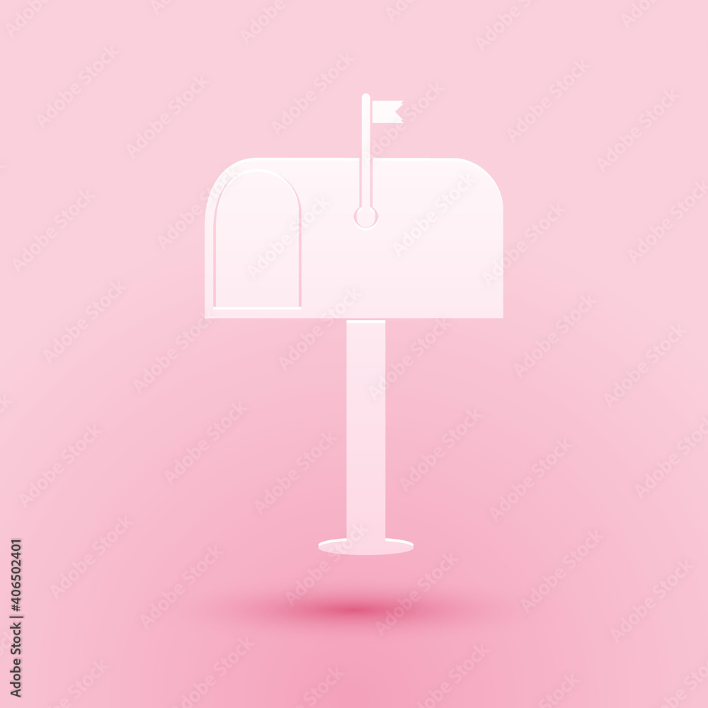 Poster paper cut mail box icon isolated on pink background. mailbox icon. mail postbox on pole with flag. p