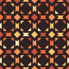 Colorful vector geometric ornament. Stylish seamless pattern with squares, diamonds, triangles, grid. Abstract background in orange, yellow and black color. Modern mosaic texture. Simple repeat design