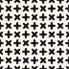 Simple vector seamless pattern. Abstract geometric texture with small crosses, funky curved shapes. Hipster fashion background. Black and white ornament. Stylish repeat design for decor, print, fabric