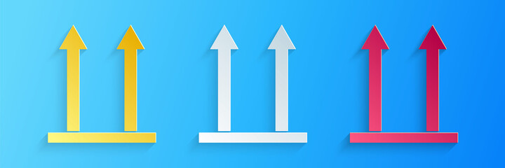 Paper cut This side up icon isolated on blue background. Two arrows indicating top side of packaging. Cargo handled so these arrows always point up. Paper art style. Vector.