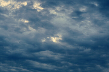 Dark gray heavy clouds in the sky before a thunderstorm. Dramatic spectacular backdrop or wallpaper. Natural dangerous menacing background. Ahead of a storm or cataclysm