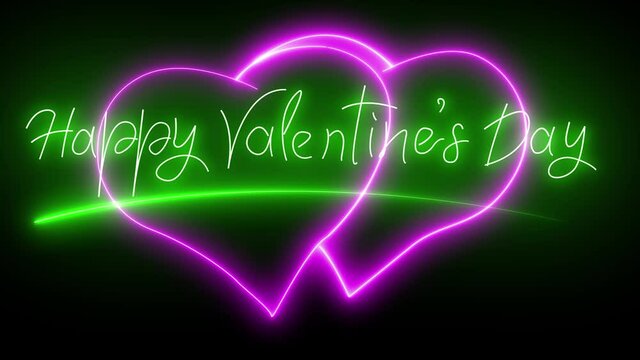 Valentine's Day. Animation. Animated green neon letters and hearts on a black background. Appearing text. Neon heart. Looping without breaks.14th of February.