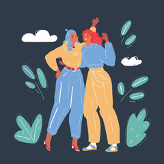 Vector illustration of two woman hugging each othe for taking photo on dark backround.