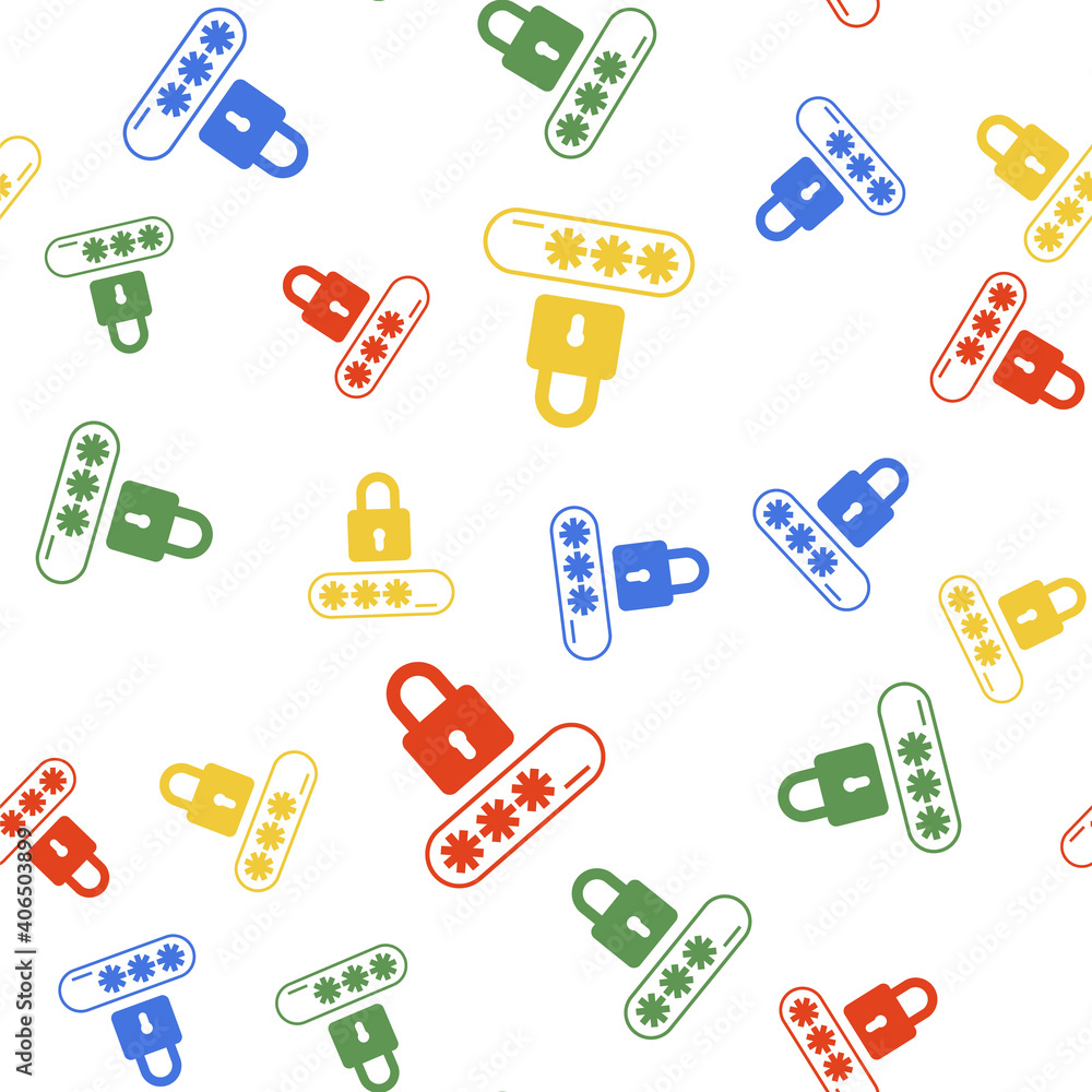 Poster color password protection and safety access icon isolated seamless pattern on white background. lock