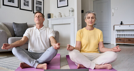 Healthy mindful old mature senior 60s couple meditating together at home. Calm serene older middle aged family do yoga breathing exercise with eyes closed feeling stress relief, life balance concept.