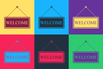 Pop art Hanging sign with text Welcome icon isolated on color background. Business theme for cafe or restaurant. Vector.