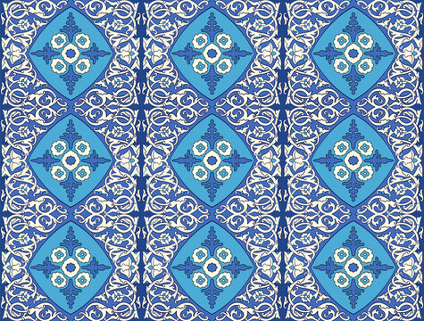 Seamless Middle Asian kazakh pattern in lapis blue and turquoise oriental style. Arabesque islamic floral decorative ornament for custom design and print.