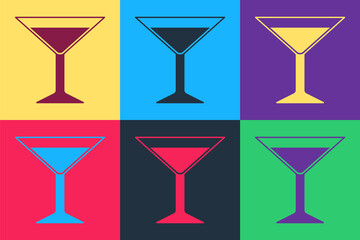 Pop art Martini glass icon isolated on color background. Cocktail icon. Wine glass icon. Vector.