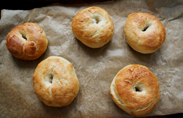 Freshly baked bagels on a tray