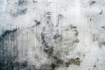 Peeling paint on a concrete wall with brownish black patches emerging from underneath. Close up.