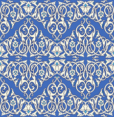 Seamless Middle Asian kazakh pattern in lapis blue and turquoise oriental style. Arabesque islamic floral decorative ornament for custom design and print.