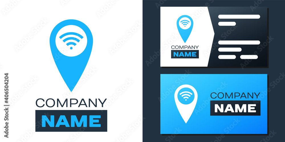 Poster logotype pointer map with wifi internet signal connection icon isolated on white background. logo de