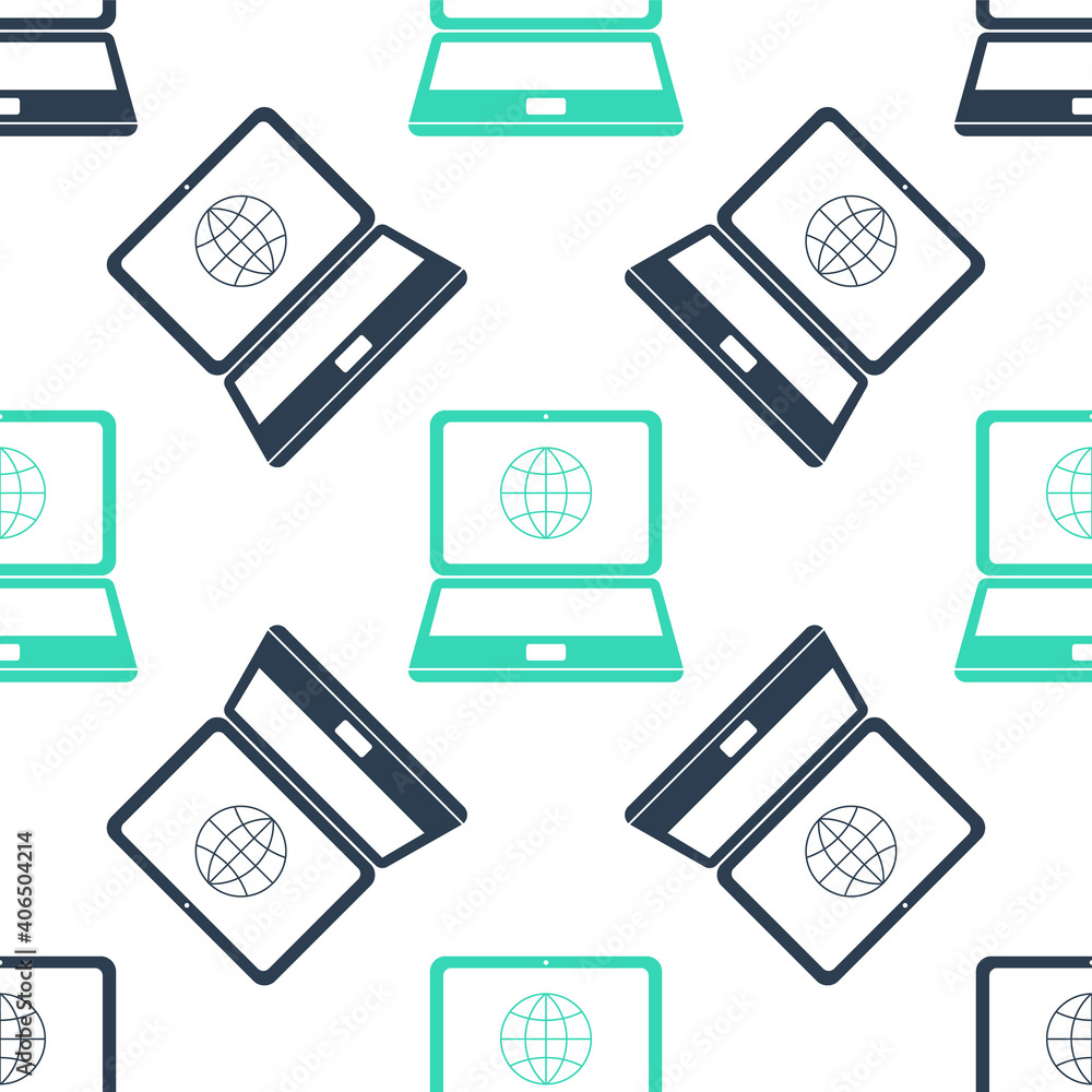 Poster green globe on screen of laptop icon isolated seamless pattern on white background. notebook compute