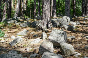 Stones on the island lake turgoyak in russia ural