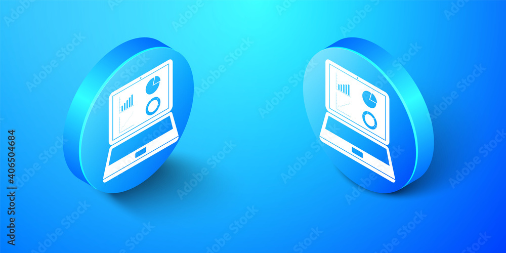 Poster isometric laptop with graph chart icon isolated on blue background. report text file icon. accountin