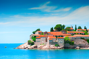 Sveti Stefan island near Budva, Montenegro. Luxury resort at Adriatic sea. Famous travel destination